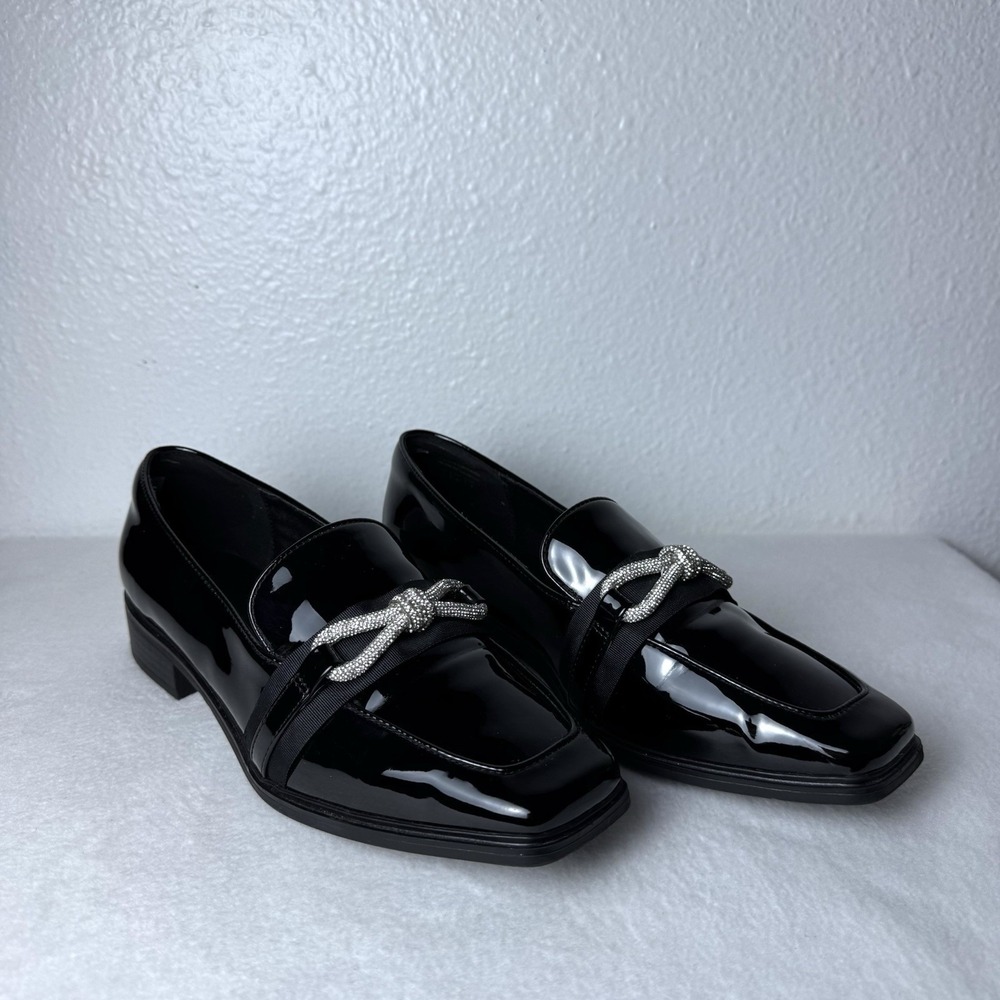 Aldo Rhinestone Bow Loafers Flats Women's 10 Black Patent Leather Preppy Twee